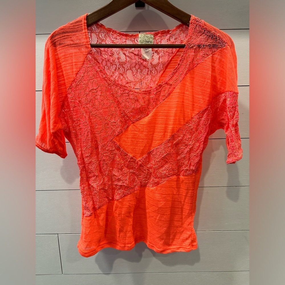 Daytrip Women's Bright Orange Lace Patchwork Top- size X- Small